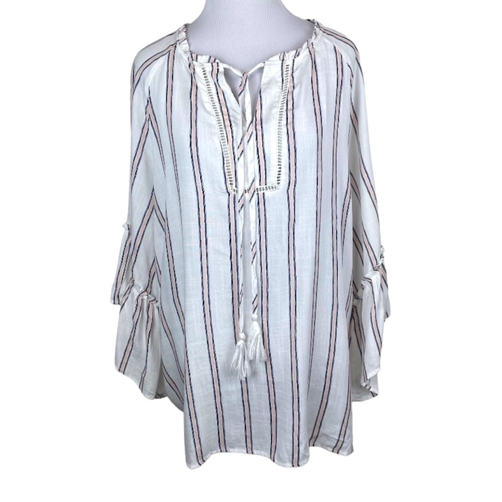 Cotton Bleu White Pink Navy Subtle Stripe Cotton
Ruffle Sleeve Blouse
